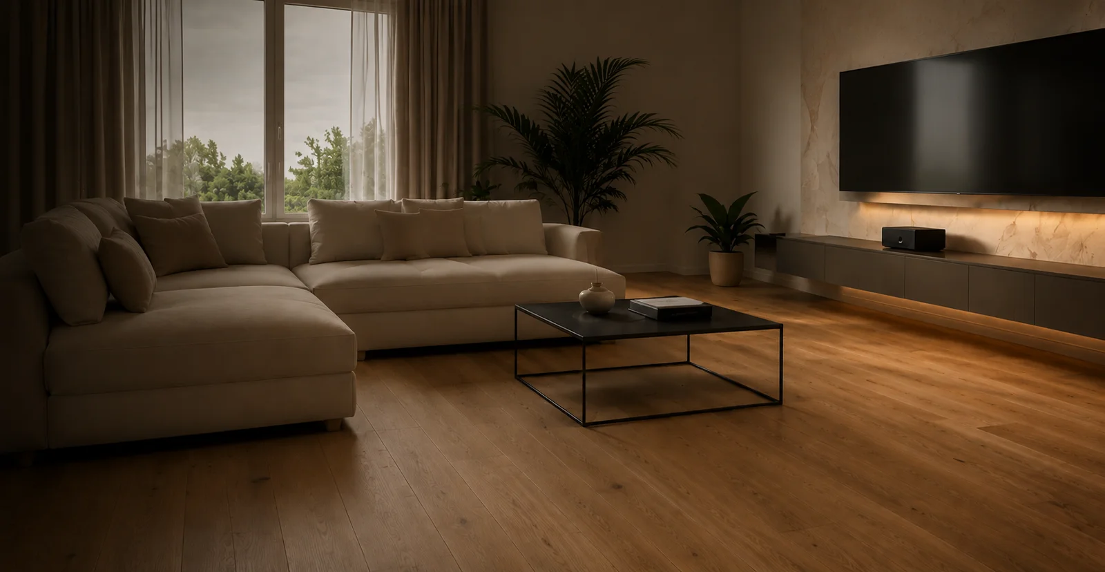 Wohninspiration: breiter Parkettboden im Wohnzimmer mit beigem Sofa