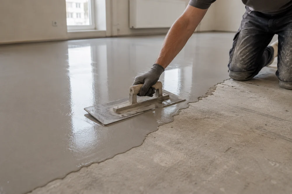 Handwerker verteilt Ausgleichsmasse mit einer Glättkelle auf dem Untergrund