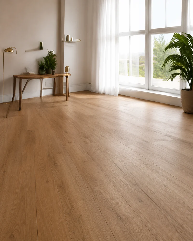 Wohninspiration: Vinylboden in heller Holzoptik vor großen Fenstern